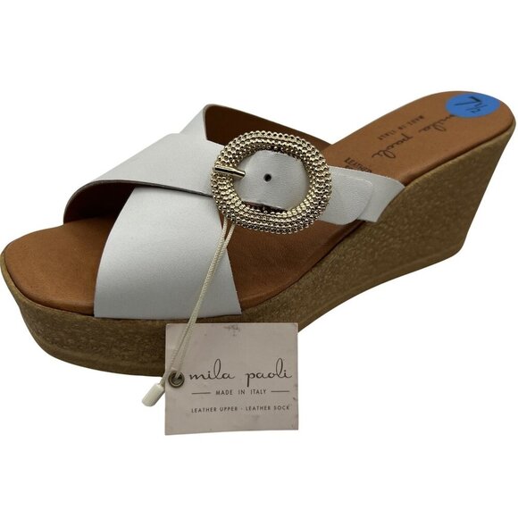 Mila Paoli NEW 7.5 White Leather Wedge Sandals Gold Buckle Made In Italy Boho - Picture 2 of 11